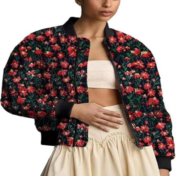 Women's Daisy Cropped Bomber Jacket Long Sleeve Zip Up Sz L - Picture 2 of 8